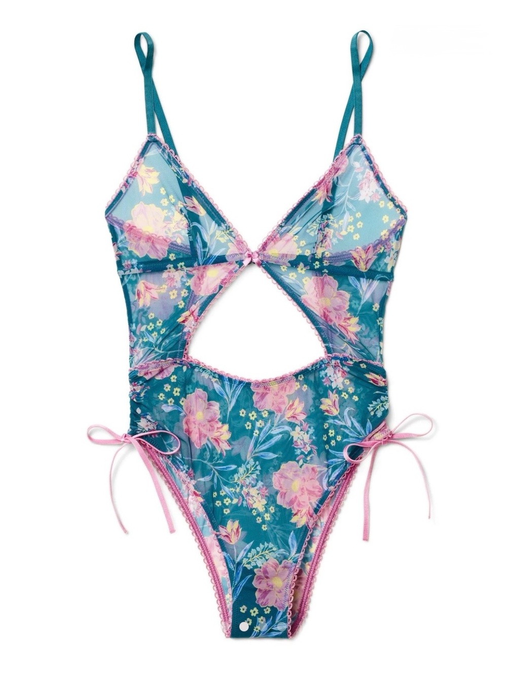 NWT Adore Me Tally Blue / Pink Floral Sexy Sheer Bodysuit Medium